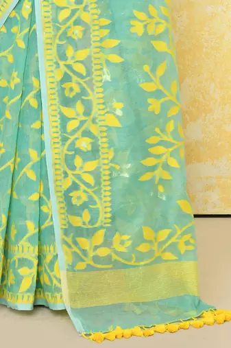 light turquoise cotton silk jamdani saree without blouse