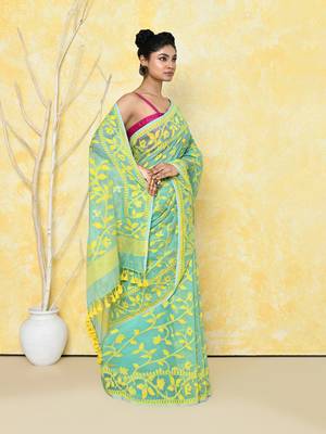 light turquoise cotton silk jamdani saree without blouse 3