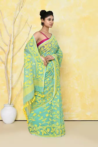light turquoise cotton silk jamdani saree without blouse