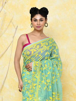 light turquoise cotton silk jamdani saree without blouse 4