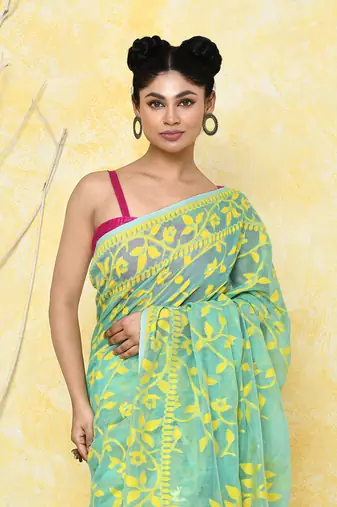 light turquoise cotton silk jamdani saree without blouse