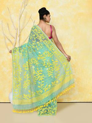 light turquoise cotton silk jamdani saree without blouse 5