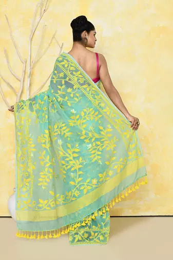 light turquoise cotton silk jamdani saree without blouse