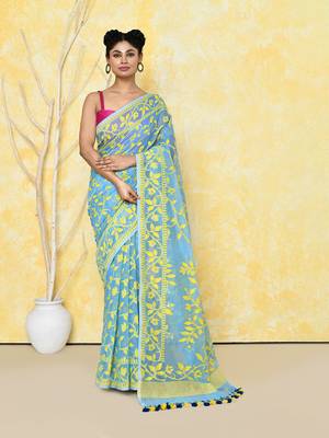 Sky blue cotton silk jamdani saree without blouse 1
