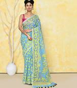 Sky blue cotton silk jamdani saree without blouse