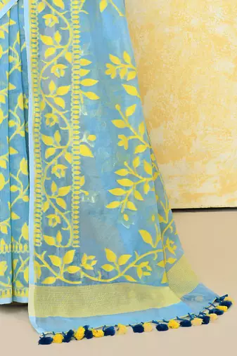 Sky blue cotton silk jamdani saree without blouse