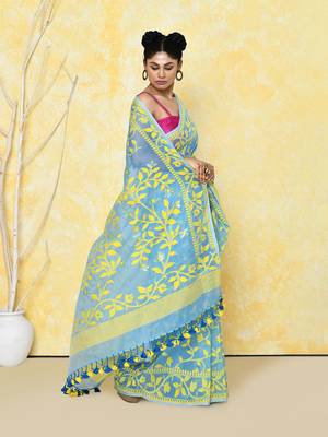 Sky blue cotton silk jamdani saree without blouse 3