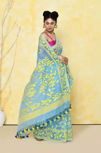 Sky blue cotton silk jamdani saree without blouse