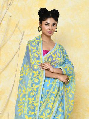 Sky blue cotton silk jamdani saree without blouse 4