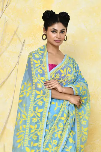 Sky blue cotton silk jamdani saree without blouse
