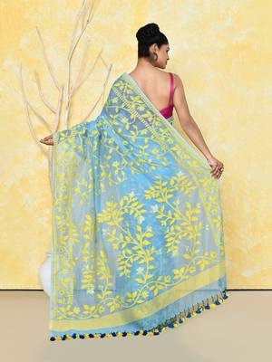 Sky blue cotton silk jamdani saree without blouse 5