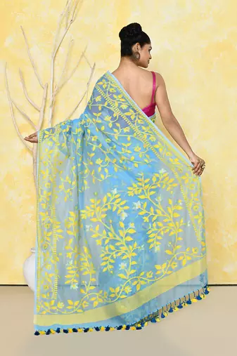 Sky blue cotton silk jamdani saree without blouse