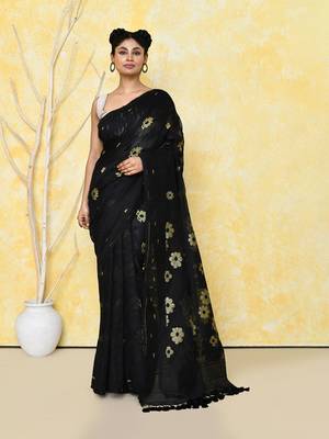 black cotton silk jamdani saree without blouse 1