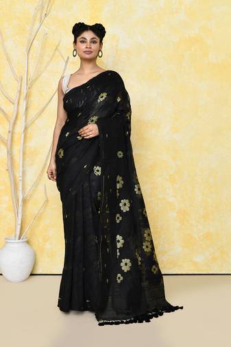 black cotton silk jamdani saree without blouse
