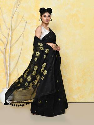 black cotton silk jamdani saree without blouse 2