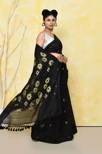 black cotton silk jamdani saree without blouse