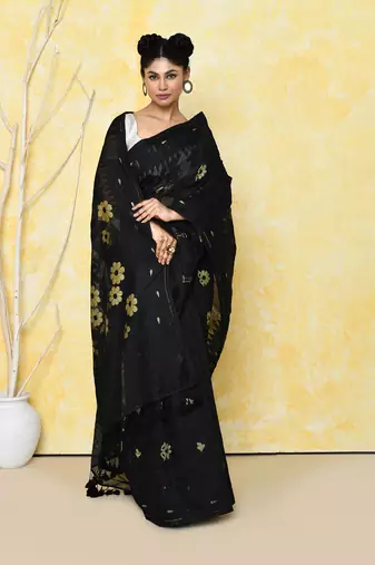 black cotton silk jamdani saree without blouse