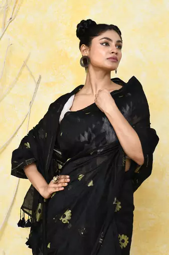 black cotton silk jamdani saree without blouse