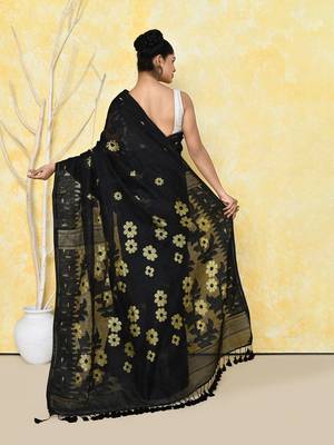 black cotton silk jamdani saree without blouse 5