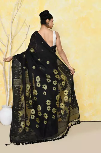 black cotton silk jamdani saree without blouse