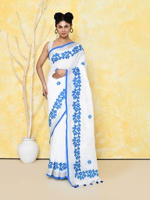 white exclusive applique saree with blouse piece 1