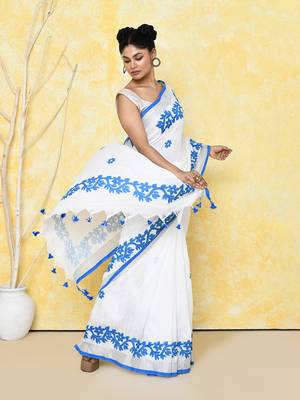 white exclusive applique saree with blouse piece 2