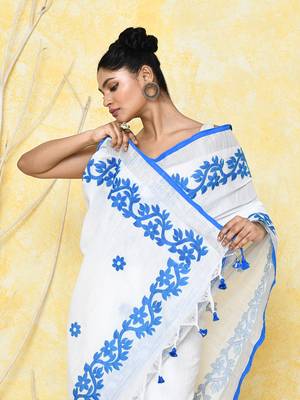 white exclusive applique saree with blouse piece 3