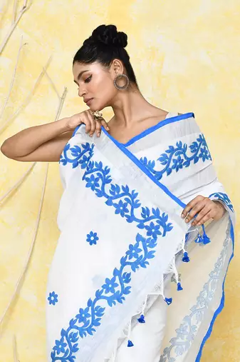 white exclusive applique saree with blouse piece