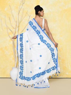 white exclusive applique saree with blouse piece 4