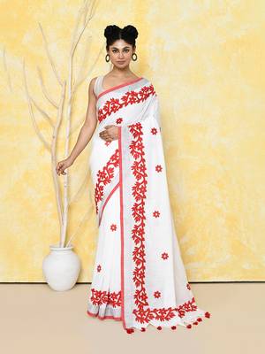 white exclusive applique saree with blouse piece 1