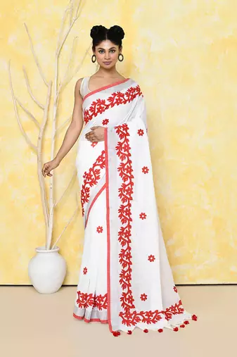 white exclusive applique saree with blouse piece