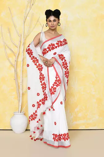 white exclusive applique saree with blouse piece