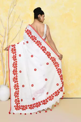 white exclusive applique saree with blouse piece