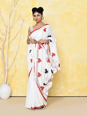 white exclusive applique saree with blouse piece 3