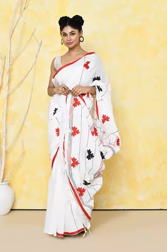 white exclusive applique saree with blouse piece