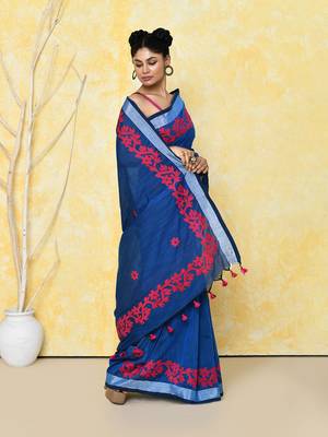  royal blue exclusive applique saree with blouse piece 2