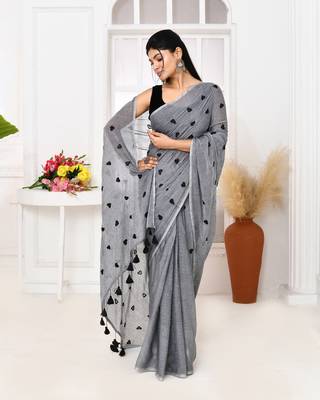 grey exclusive embroidery saree without blouse 2
