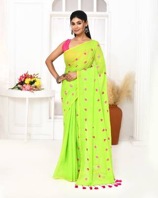 lemon green exclusive embroidery saree without blouse 1