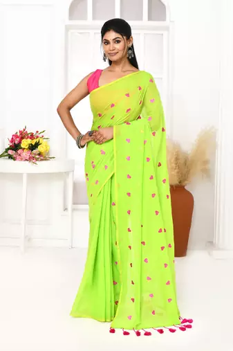 lemon green exclusive embroidery saree without blouse