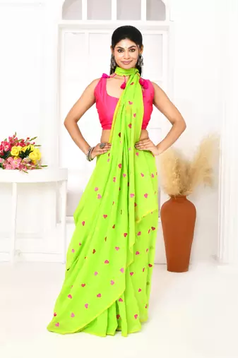 lemon green exclusive embroidery saree without blouse