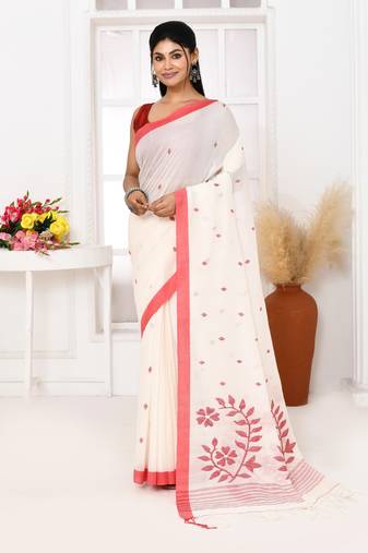 white cotton handloom jamdani saree with blouse