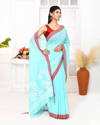 light sky blue cotton handloom jamdani saree with blouse 1