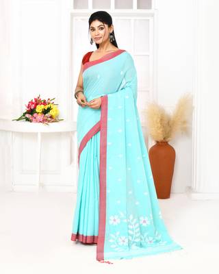 light sky blue cotton handloom jamdani saree with blouse 2