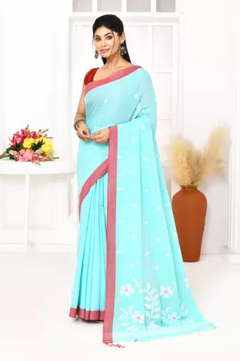 light sky blue cotton handloom jamdani saree with blouse