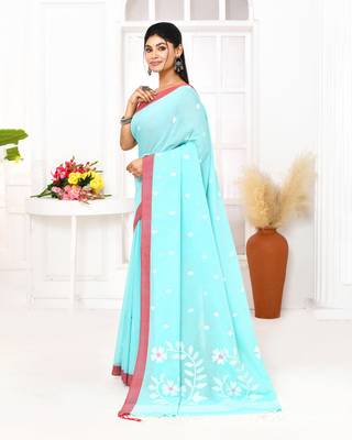 light sky blue cotton handloom jamdani saree with blouse 3