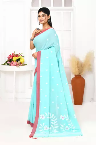 light sky blue cotton handloom jamdani saree with blouse