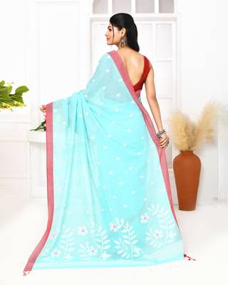 light sky blue cotton handloom jamdani saree with blouse 4