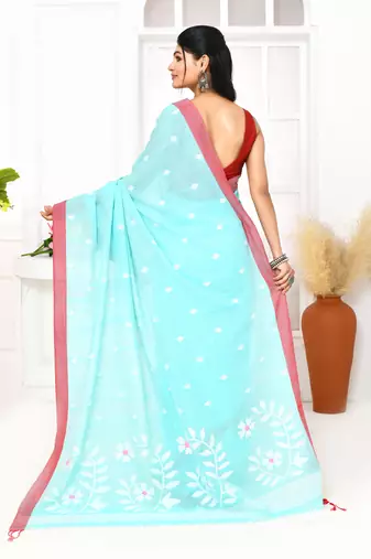 light sky blue cotton handloom jamdani saree with blouse