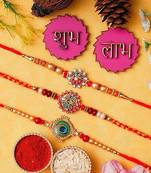 3 Designer Rakhi For Brother Bhabhi With Shubh Labh Sticker