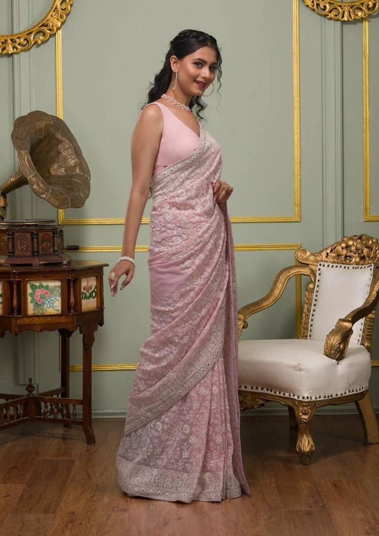 Light Pink thread sequin work Georgette Saree